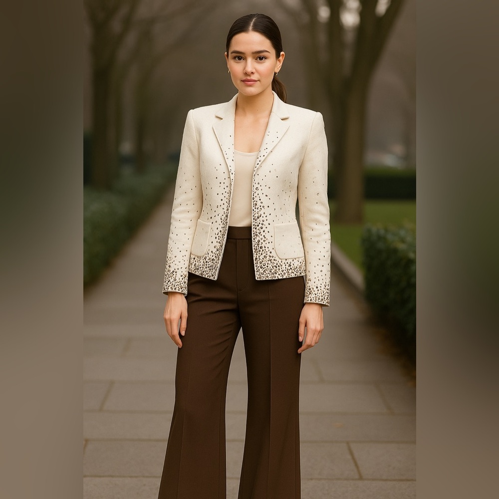 Escada women size 49 Linen Silk Blend cream beaded blazer old money quite luxury